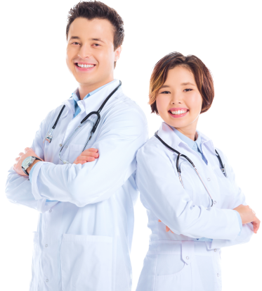 female doctor and male doctor with crossed arms looking at camera and smiling isolated on white Flat